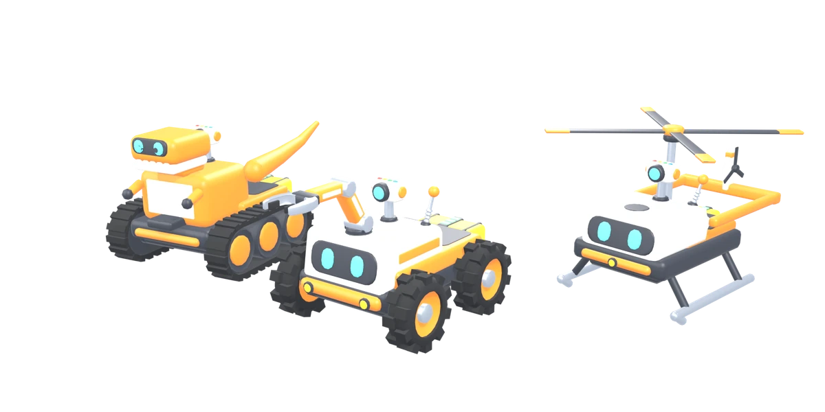 A dinosaur robot, wheeled helper and flying helicopter robot ready for an adventure
