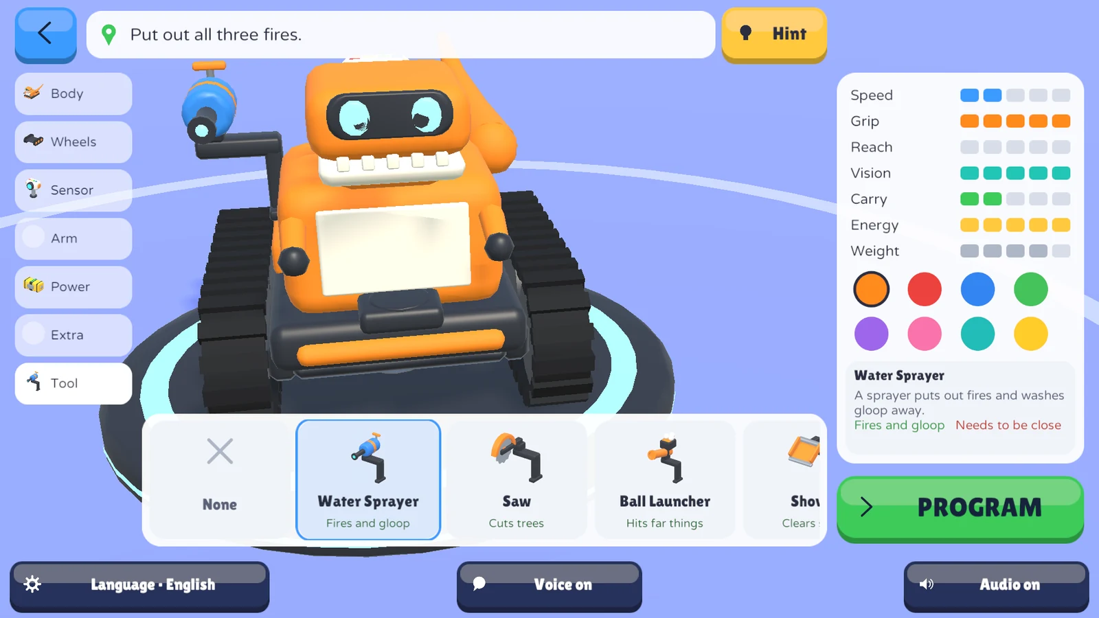 BotPebble's robot builder with a dinosaur body, tracks and tool choices