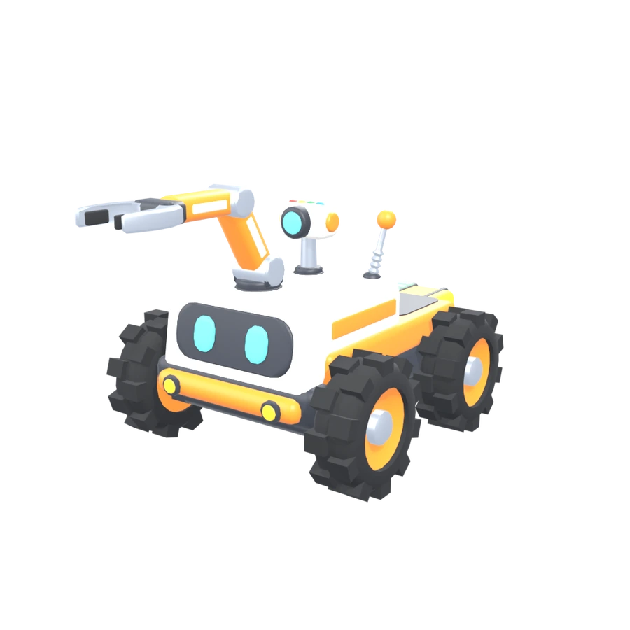 A friendly white and orange robot with bright blue eyes, chunky wheels and a little gripper arm